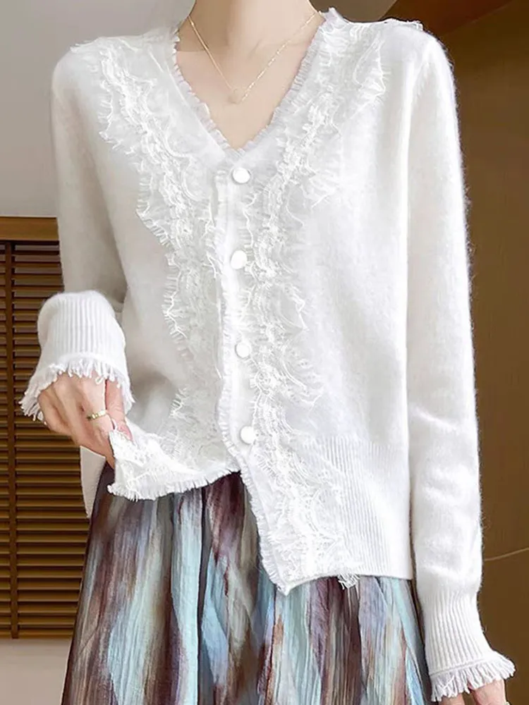 V-Ne Lace Splicing Design Maglione lavorato a maglia Lungo Sve Cardigan di lana Autunno Capispalla versatile Faion Sle da donna
