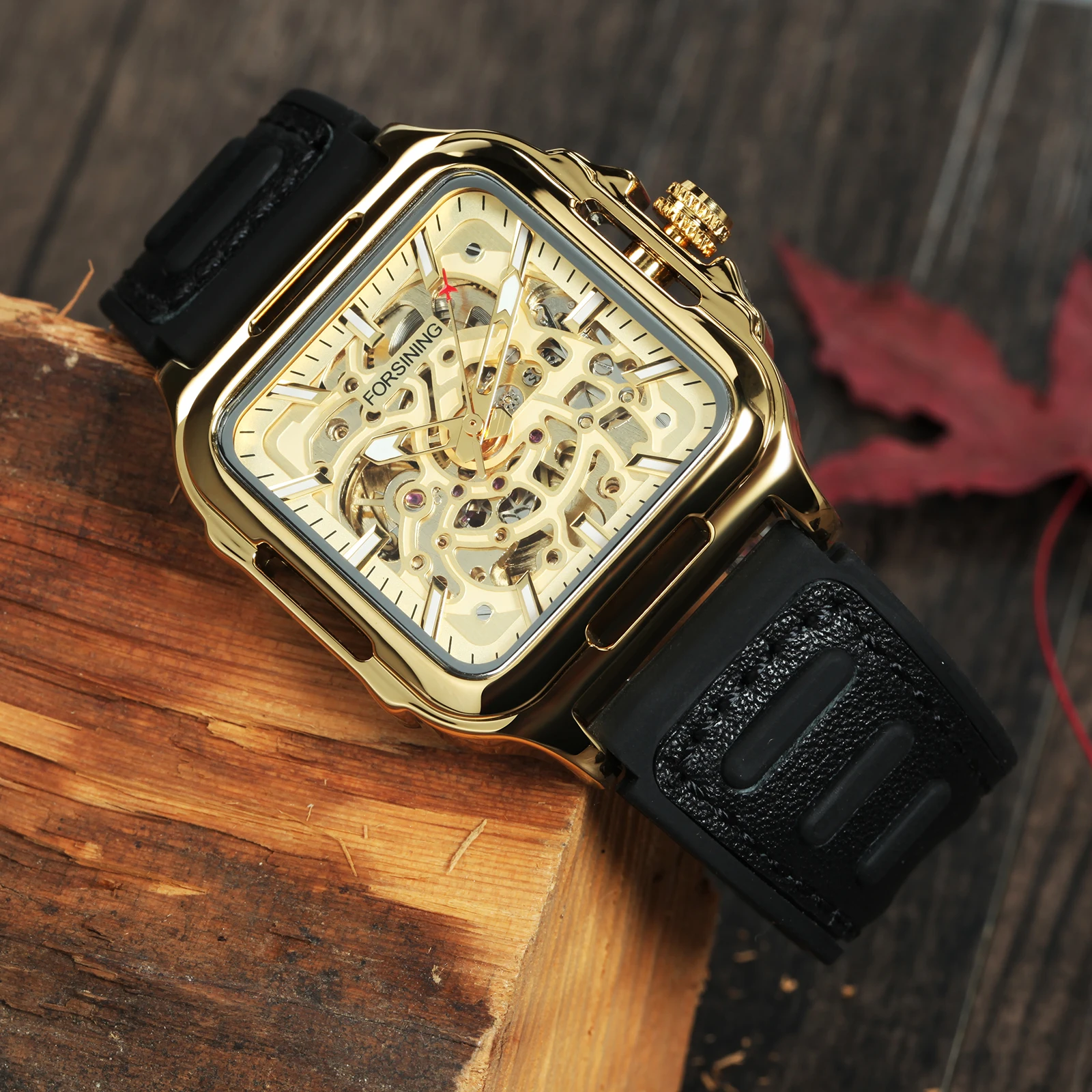 Forsining Silver Blue Sports Mechanical Watches Fashion Square Skeleton Automatic Watch for Men Rubber Leather Strap Luminous