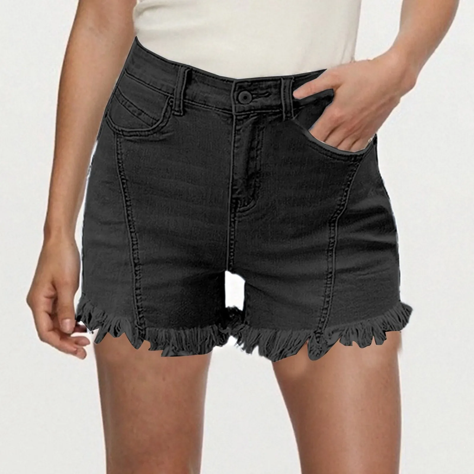 

Denim Shorts Women Vintage Jeans Tassel Washed Distressed Skinny Mid Waist Pockets Streetwear Female 2025 Straight Short Pants