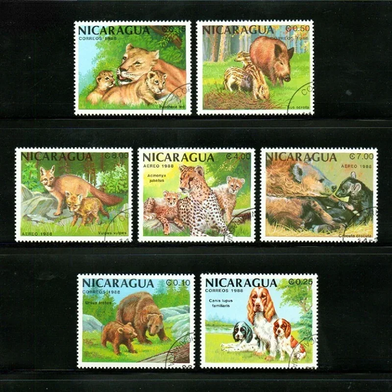 7 PCS, Nicaragua Post Stamp, 1989, Real Original, Used with Post Mark