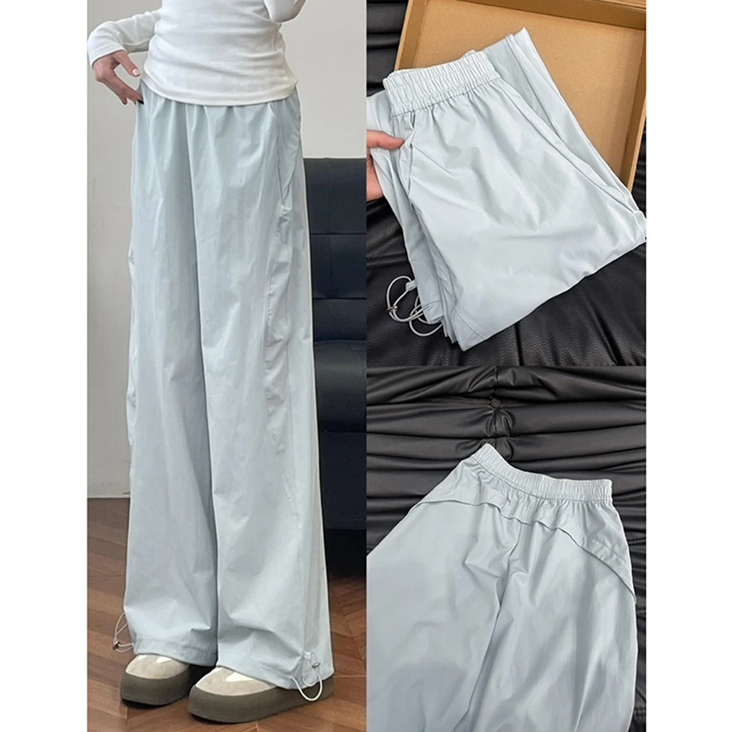 

Blue Quick Dry Work Pants Women Summer Thin New Large Size Fat MM Slim Loose Casual Wide Leg Pants High Waist Straight Leg