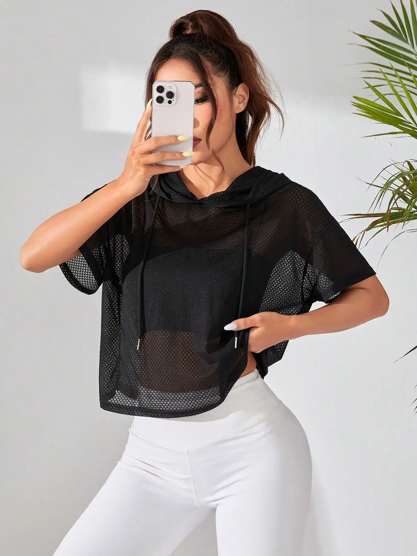 

Women's Black Mesh Hoodie, Loose Fit Short Sleeve Drop Shoulder Sporty Top for Summer