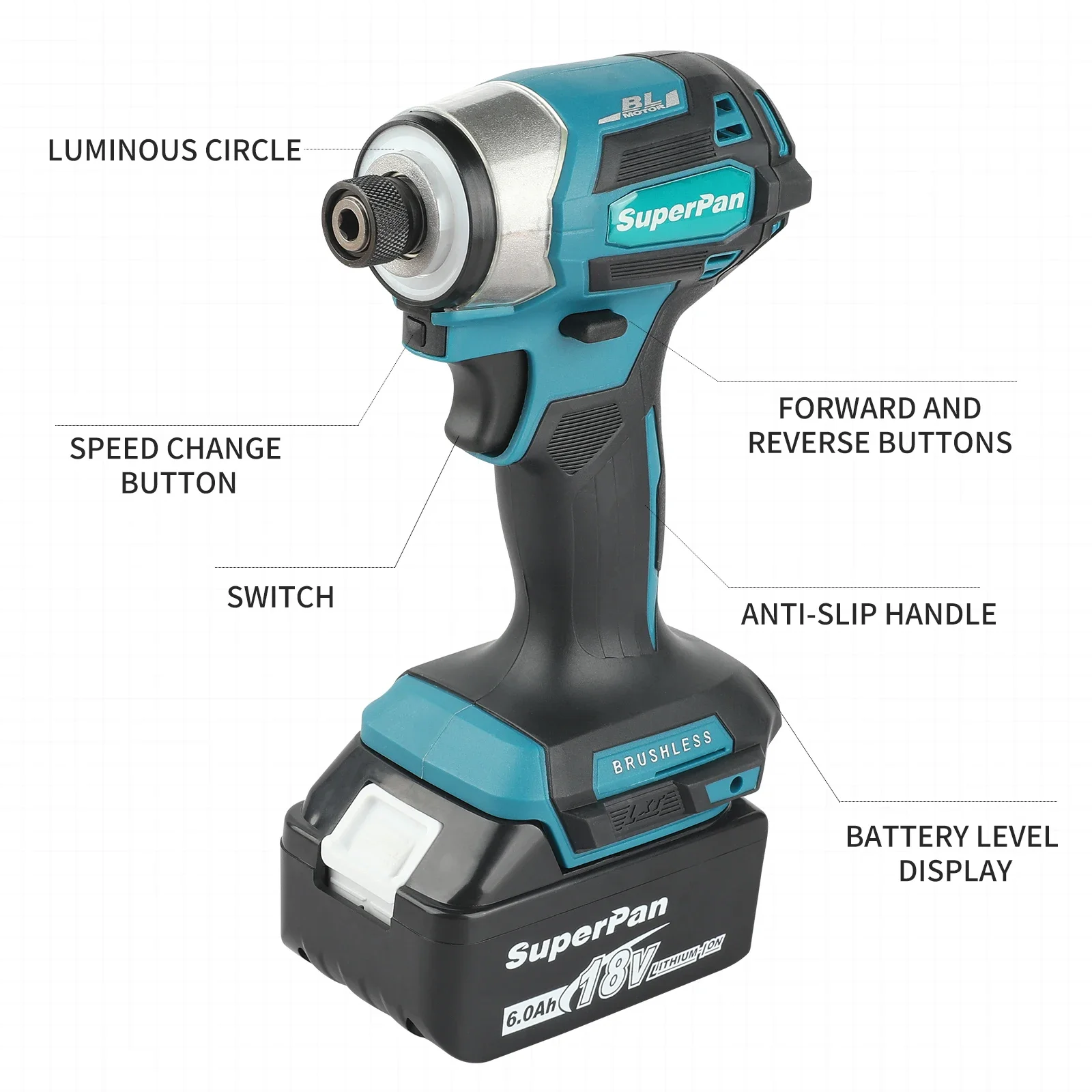 

SuperPan SP173 Versatile Impact Driver - 180Nm 3600rpm Brushless Wood/Bolt/T-Mode Tool for Makita 18V battery specs
