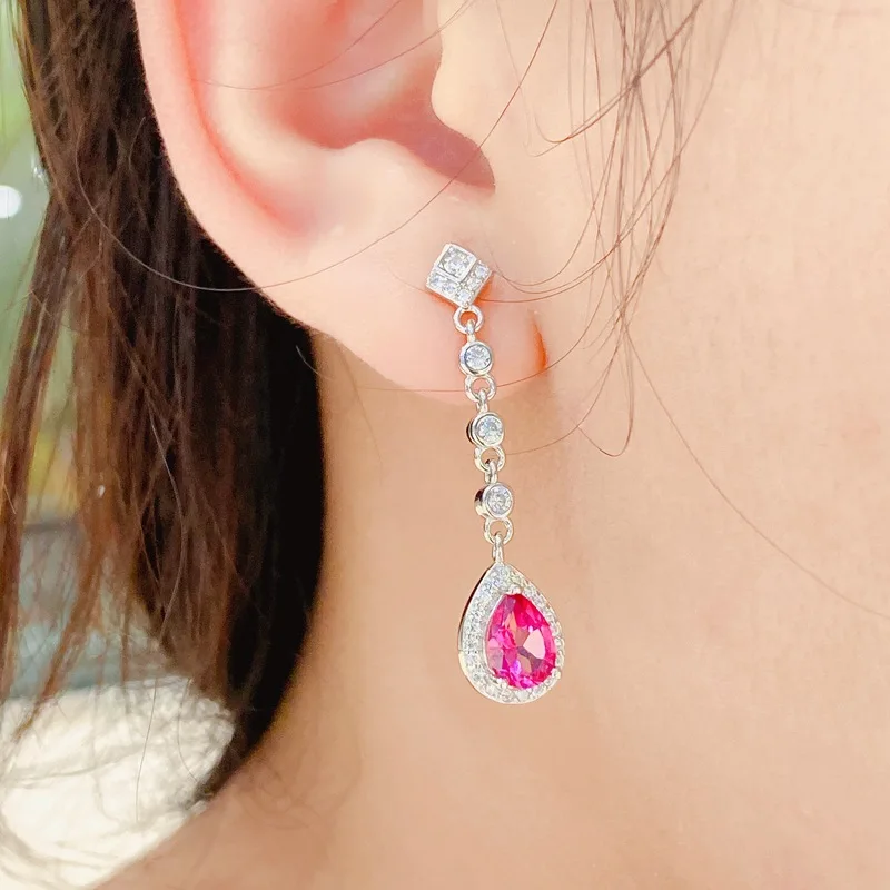 Original Pink Topaz Drop Earrings S925 Silver 5x7mm Ladies Female Earrings