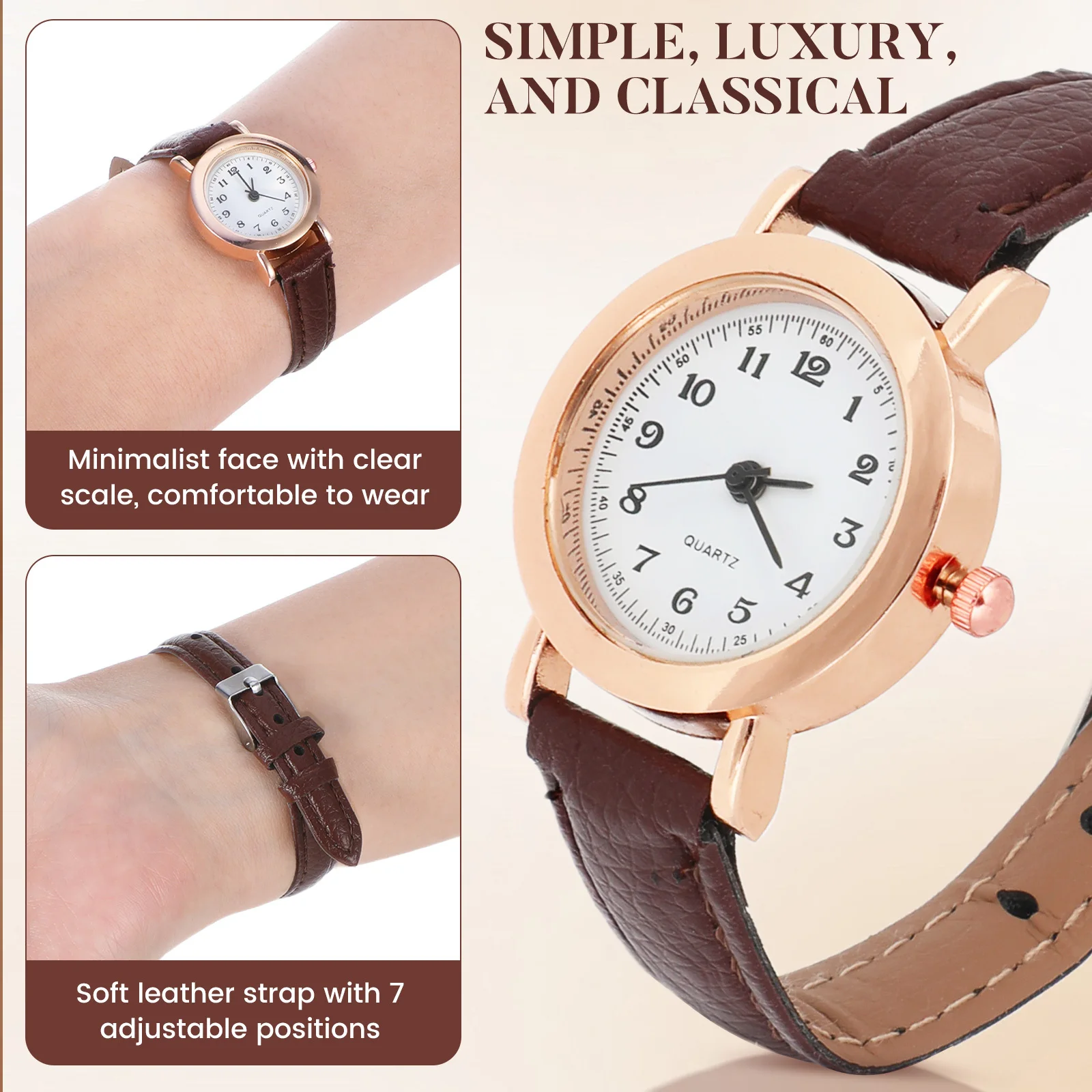 Orologio semplice da donna Piccolo orologio da polso con cinturino marrone per donna Abbigliamento quotidiano Elegante orologio al quarzo Regalo di moda