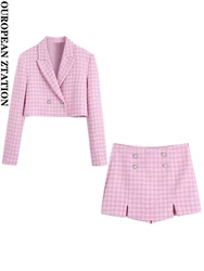 PAILETE-Casaco Blazer Cropped Houndstooth feminino, saias de shorts Tweed de cintura alta, moda com botões Bejewelled, 2022