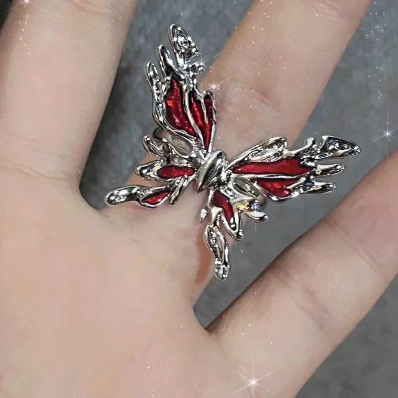 Goth Punk Retro Red Crystal Love Heart Cross Geometry Irregular Open Ring Set Y2K Halloween Accessories for Women Kpop Jewelry