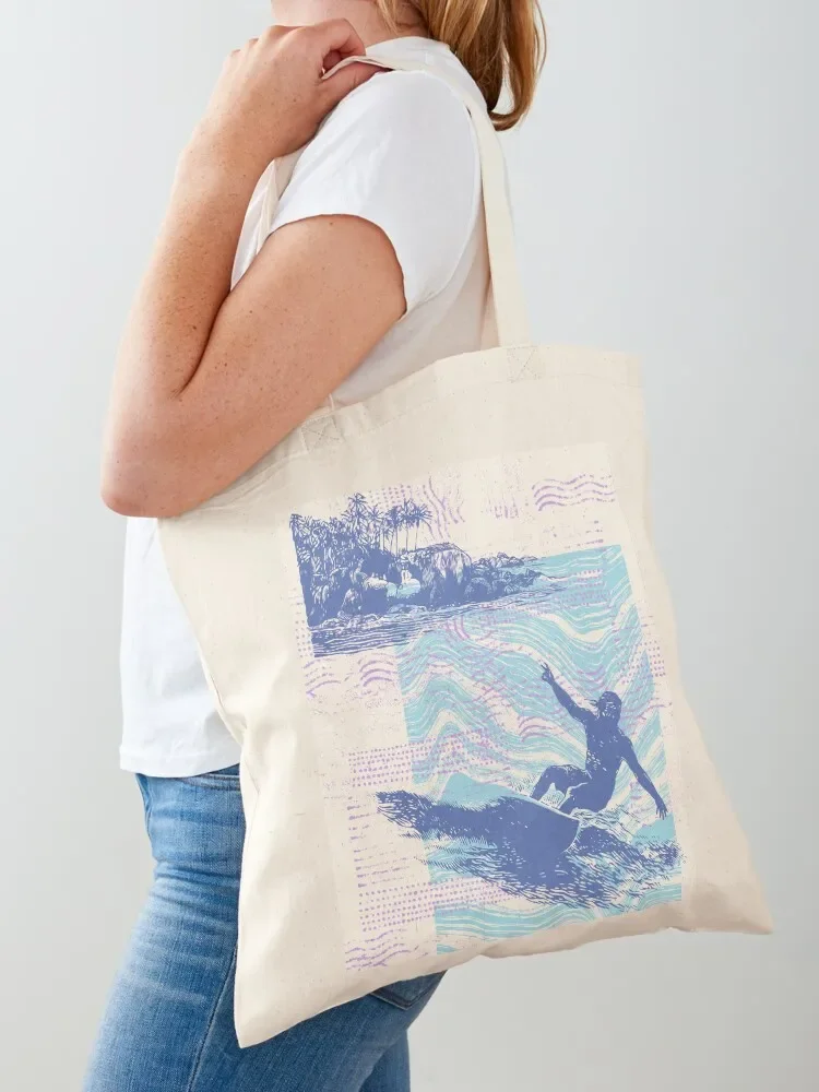 Tropical Coast With Palm Trees, Rocks, Surfer Tote Bag reusable grocery bags canvas bags Canvas bag Tote Bag