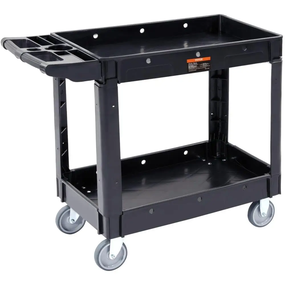 

Heavy Duty Plastic Rolling Utility Cart 2 Shelf 550LBS 360 Swivel Wheels Medium Lipped Shelf Ergonomic Handle for warehouse