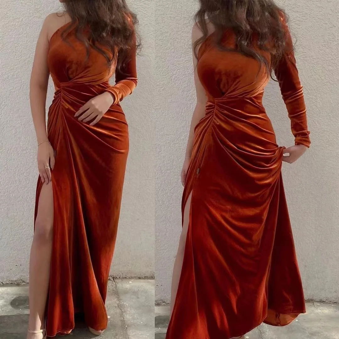 

Soft Velour Side Split Evening Dresses Ruched One Shoulder Robe De Soiree Long Sleeve Women Wear Gowns for Prom Party