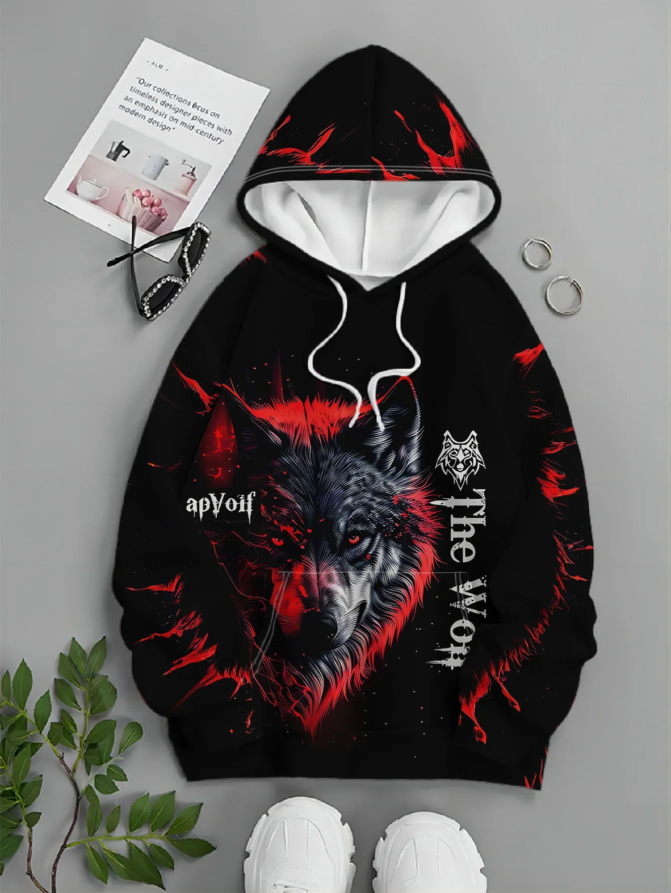 Y2K Unisex 3D Print Wolf Graphic Hoodie, Red Black Wolf Head Pullover Hooded Sweatshirt, Streetwear Casual Long Sleeve Hoody