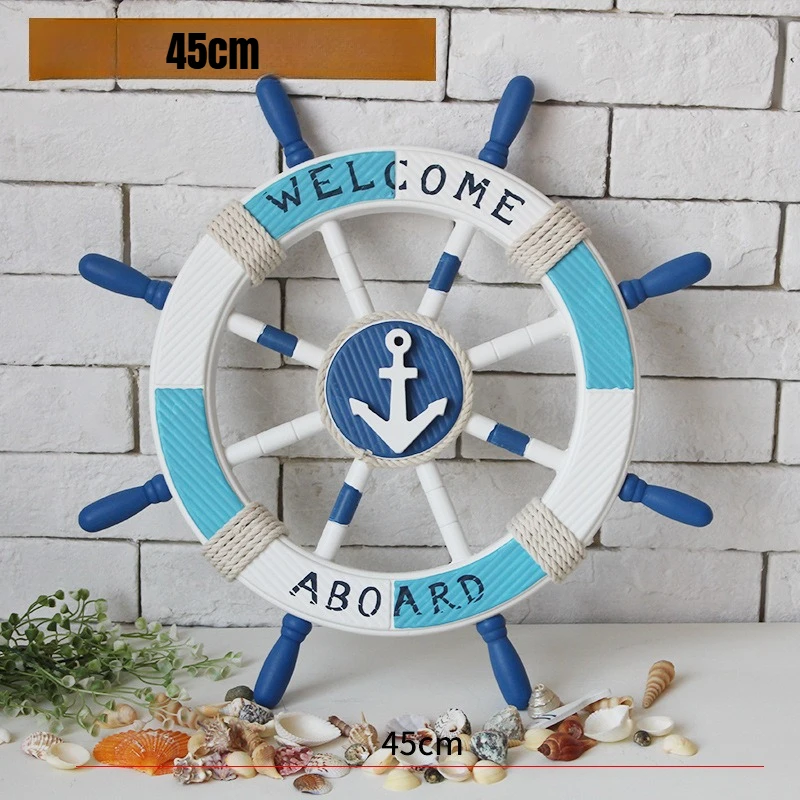 Mediterranean Style Wooden Ship Wheel Decor 45cm Nautical Rudder Handcrafted Artisanal Durable Hanging Ornament for Home Wall