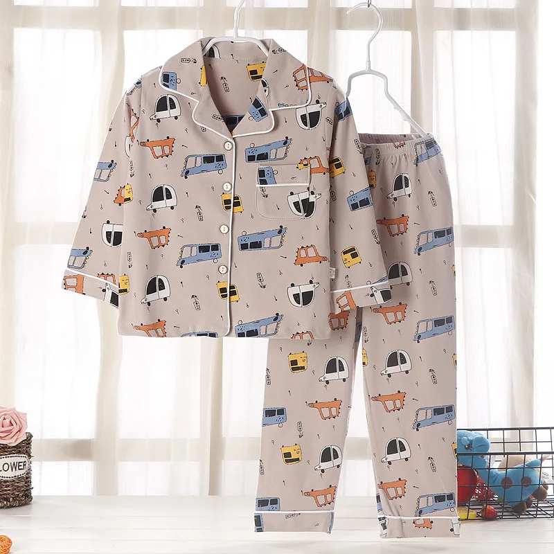 Children's Spring Soft Cotton Pajamas Set Boys Girls Cute Cartoon Print Long Sleeve Lapel Sleepwear Baby Casual Loose Nightwear