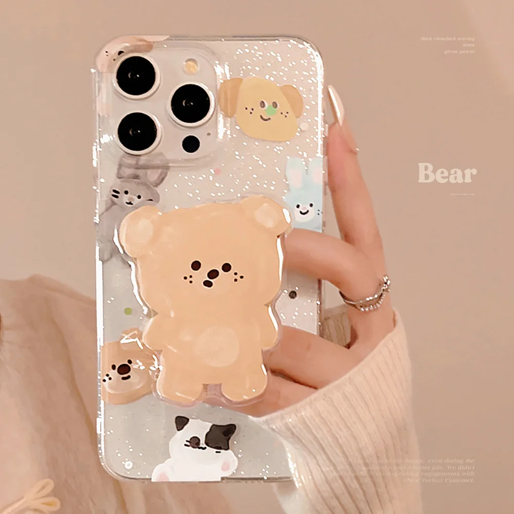 Luxury Cloth Doll Bear Rabbit Phone Case for iPhone 15 14 13 12 11 Pro Max Plus Transparent Glitter Spotted Bear Bracket Cover