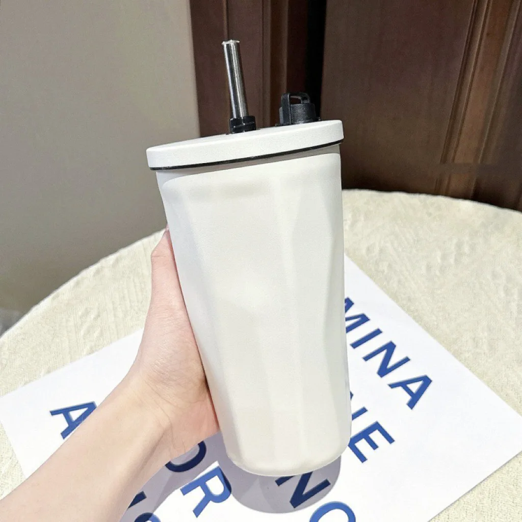 Diamond-shaped 304 Stainless Steel Thermos Cup Telescopic Straw Coffee Cup Large Capacity Cold-keeping Gradient Ice Water Cup