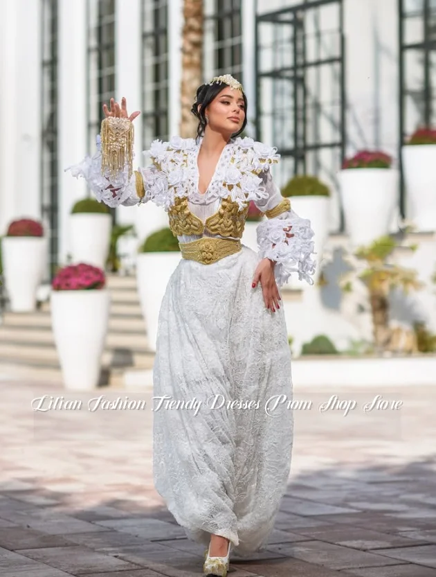 Maßgeschneidertes algerisches Brautkleid im marokkanischen Stil, Spitze, langärmelig, Kosovo, traditionelles Abendkleid, goldbesticktes Brautkleid