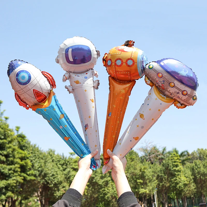 10Pcs Cartoon Astronaut Rocket Hand-held Stick Aluminum Film Balloon for Kids Outer Space Theme Birthday Baby Shower Party Decor