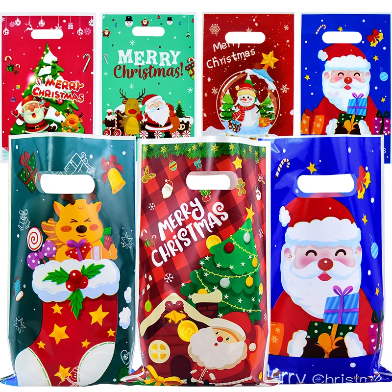 10szt Wesołych Świąt Candy Gift Bags Santa Elk Cookies Biscuit Packaging Handle Bag Christmas Decoration For Home Xmas New Year