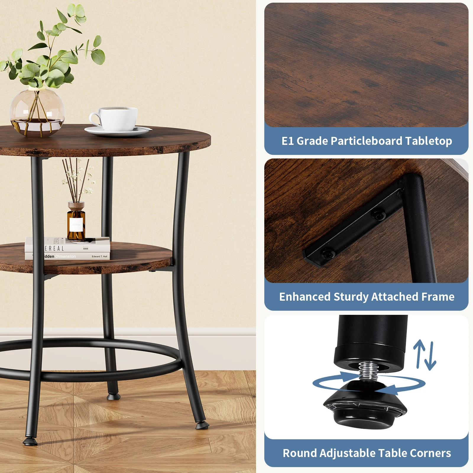 MCQ 2-Tier Wood Shelfs Round End Tables for Living Room 21.85 Inch Sturdy Metal Frame with Storage Shelf Coffee Tables Storage Shelf For Small Spaces Tea Dining Tables