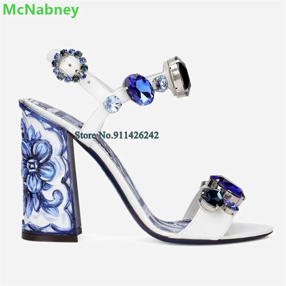 Blue Printing Rhinestone Square Heel Sandals For Women Round Toe Slingbck Ankle Strap With Buckle Runway Elegant Fashion Shoes