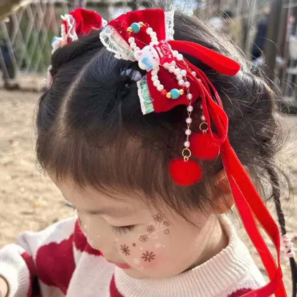 

2pcs Princess Lion Children's Chinese Hairpin Ball Bow New Year Ribbon Barrettes Beads Flower Embroidered Bow Headwear Winter