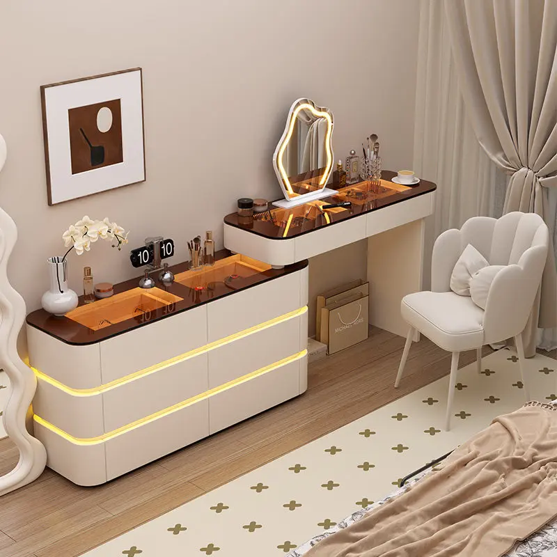 Modern Minimalist Luxury Retractable Dressing Table Transparent Integrated Storage Cabinet Ambient Light Vanity Makeup Vanities