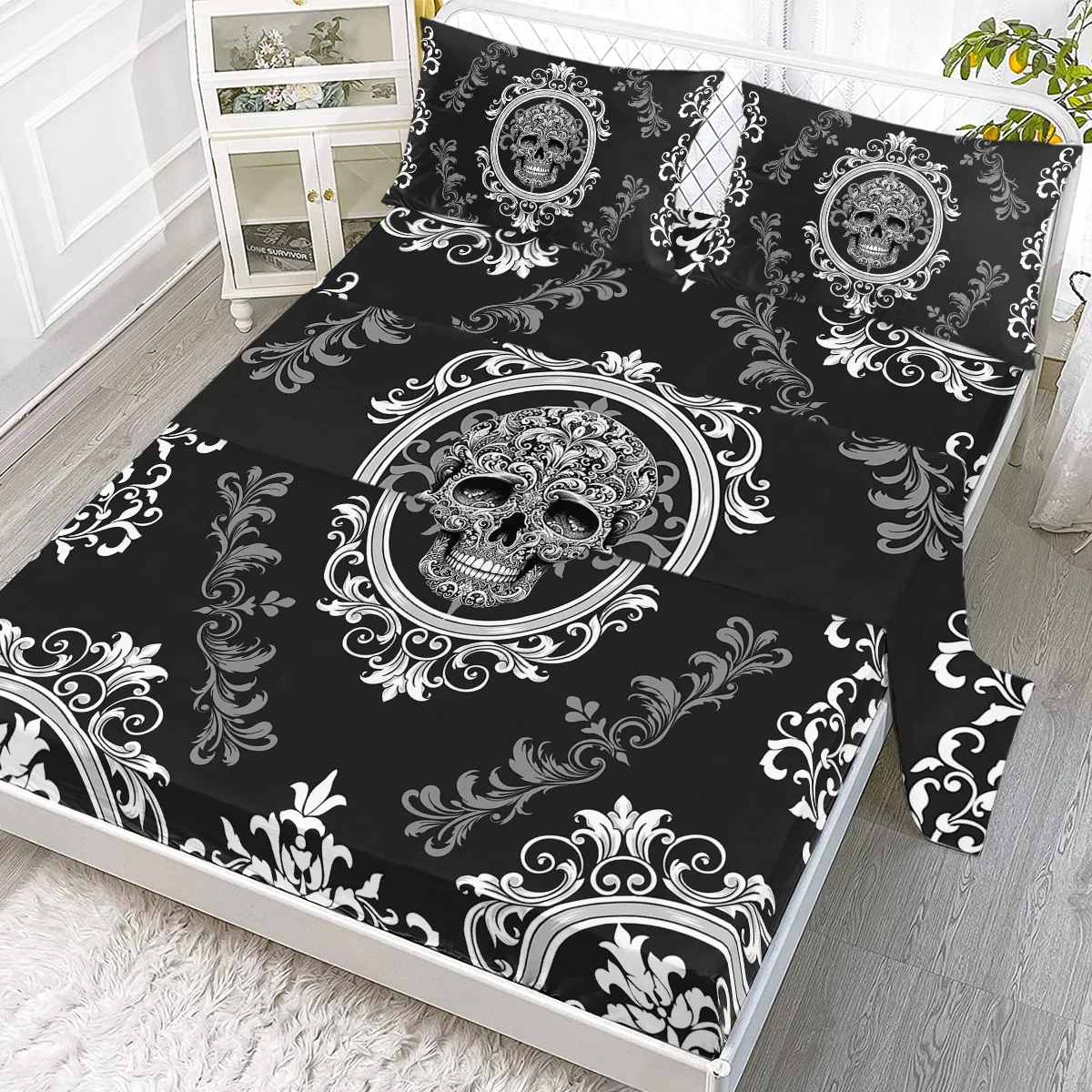 Tattooed Flower Skull Printed Bed Sheets 4-Piece Breathable Soft Includes 1 Flat Sheet,1 Fitted Sheet,2 Shams