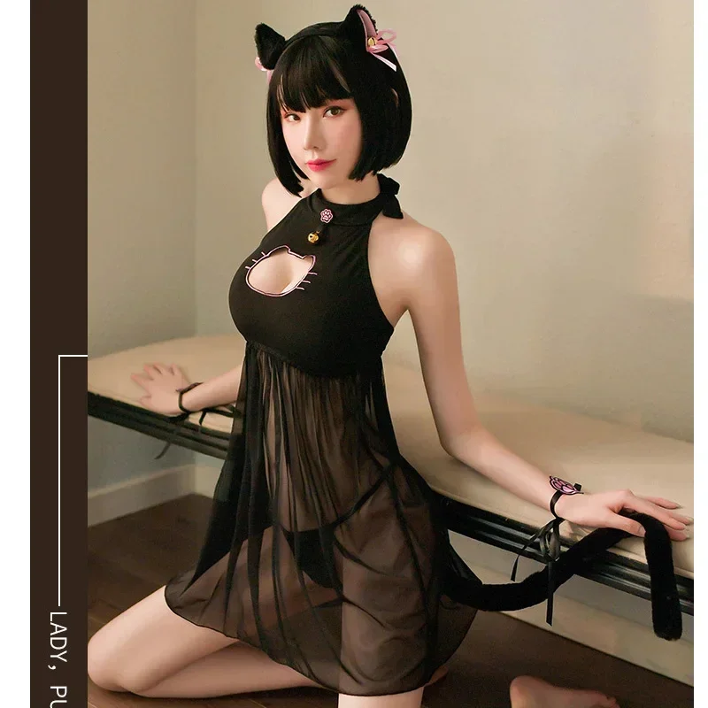 Lolita chica lindo gato vestido de sirvienta pijama uniforme kawaii Neko cosplay disfraz pata de gato ahueca hacia fuera el pecho ropa de dormir dropship