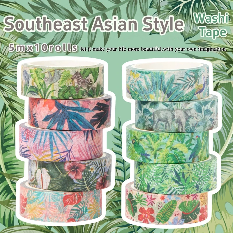 10 Rolls Rainforest Washi Tape Set in Painting Style Tropical Plant Drawing Masking Animals Graphic Decorative Tapes A3212