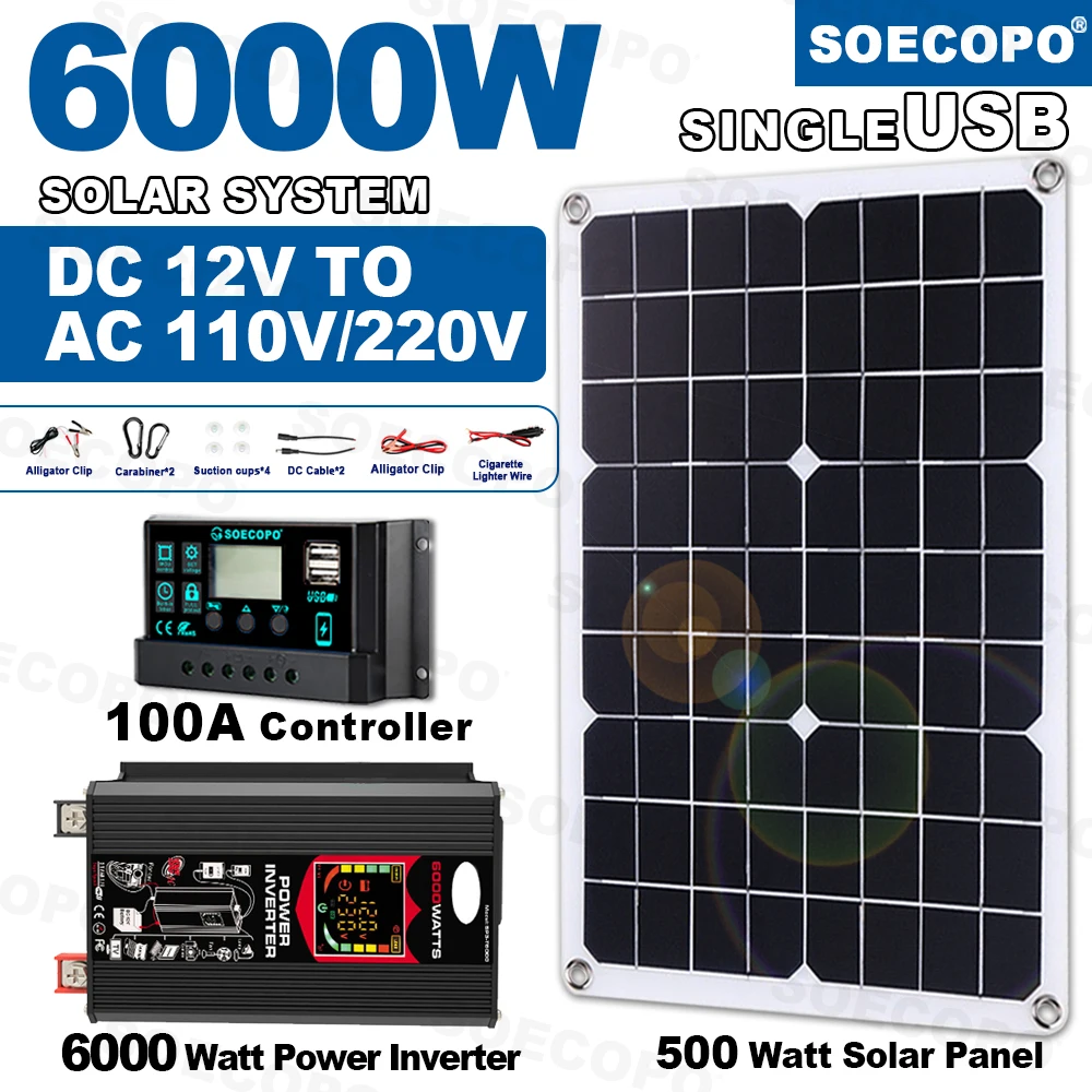 

SOECOPO 6000W Solar Panel Kit Complete DC 12V To AC 110V/220V Inverter 500W Solar Panels 100A Controller Capming Home RV Car