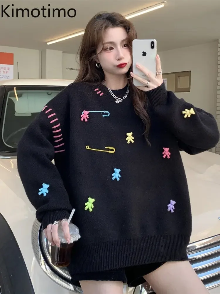 Kimotimo Colorful Bear Embroidery Sweater Women Autumn Winter Loose Round Neck Pullover Korean Fashion Design Lazy Knitted Tops