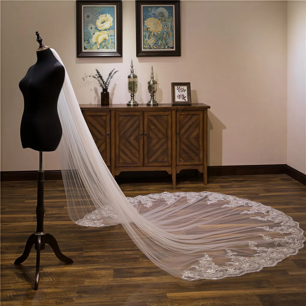 Bridal Veil Lace Trim With Sequins Tulle Cathedral Trailing Wedding Veil Long Veil Wedding Hair Accessories For Bride Photo Gala