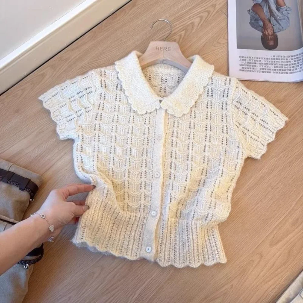 Openwork Texture Short Sleeve Knit Shirt Peter Pan Collar Button Front Knit Cardigan Cropped Style Cropped Knit Top Daily Wear