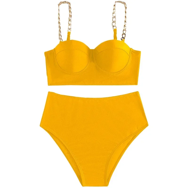 Sexy Triangle Two-Piece Swimsuit Black High Waist Metal Chain Bikinis Sets Slim Fit Large Size Solid Push Up Women's Swimsuit