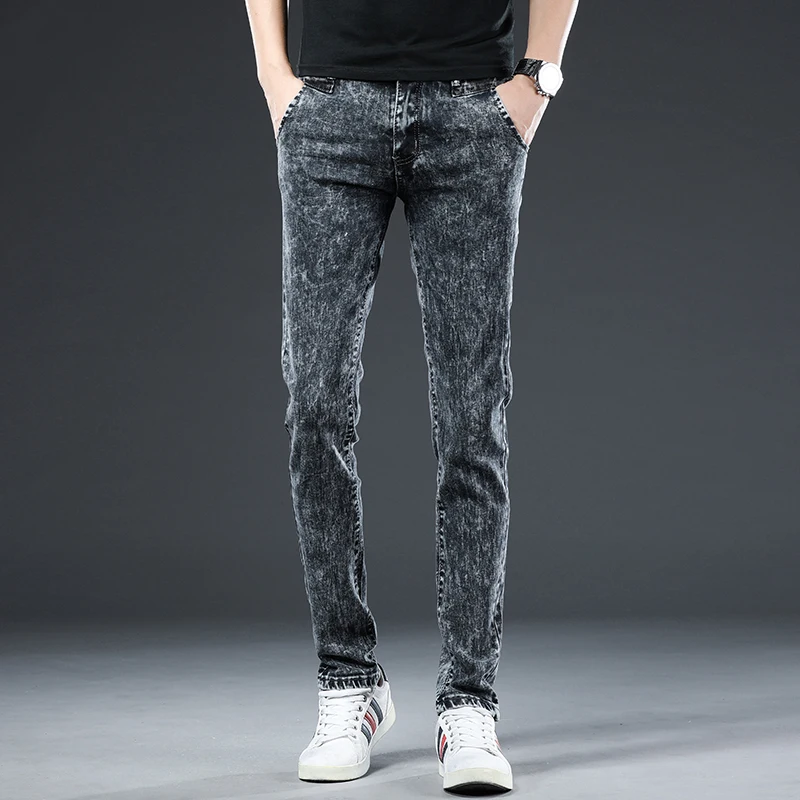 New Men Skinny Jeans Fashion Korean Style Washed Snowflakes Streetwear Slim Straight Personality Vintage Male Denim Trousers