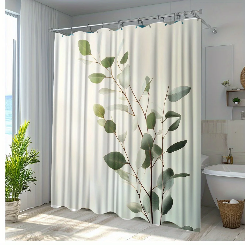 Eucalyptus Branches Shower Curtain Hooks 2D Flat Print White Background Realistic Leaves Asymmetrical Right Side Design