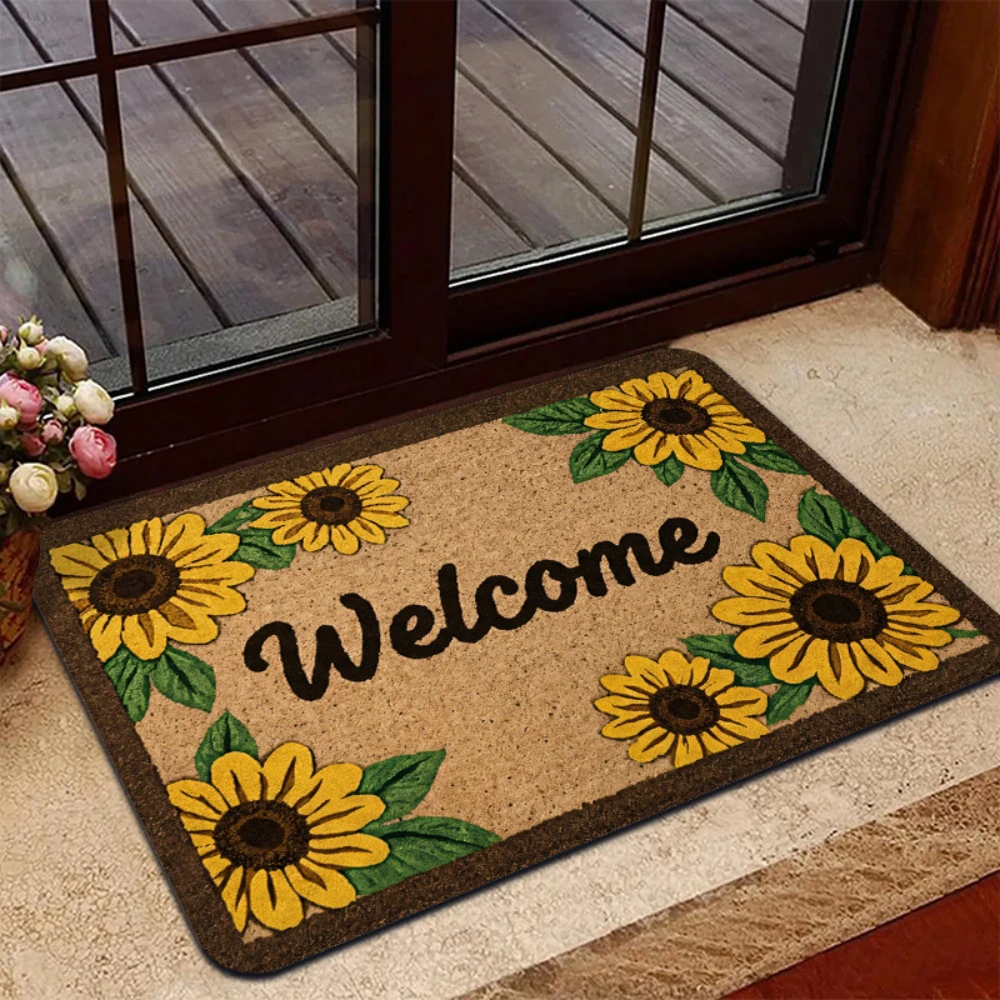 Sunflower Tulip Welcome Floral Print Doormat entryway front porch indoor hallway home decor Spring Summer Farmhouse Decor Mat