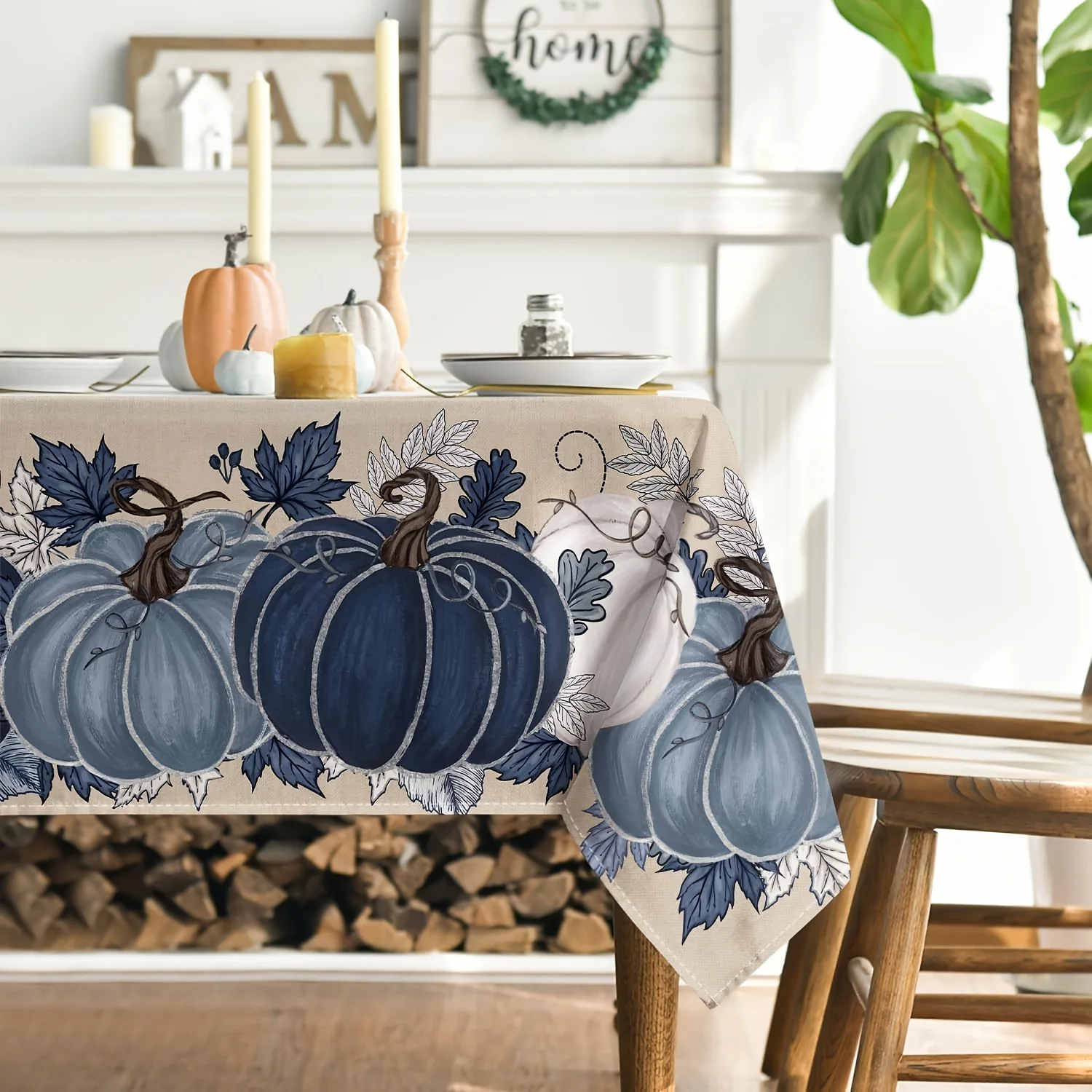 Fall tablecloth in rectangle shape, autumn harvest blue pumpkin flower water-washable seasonal tablecloth.