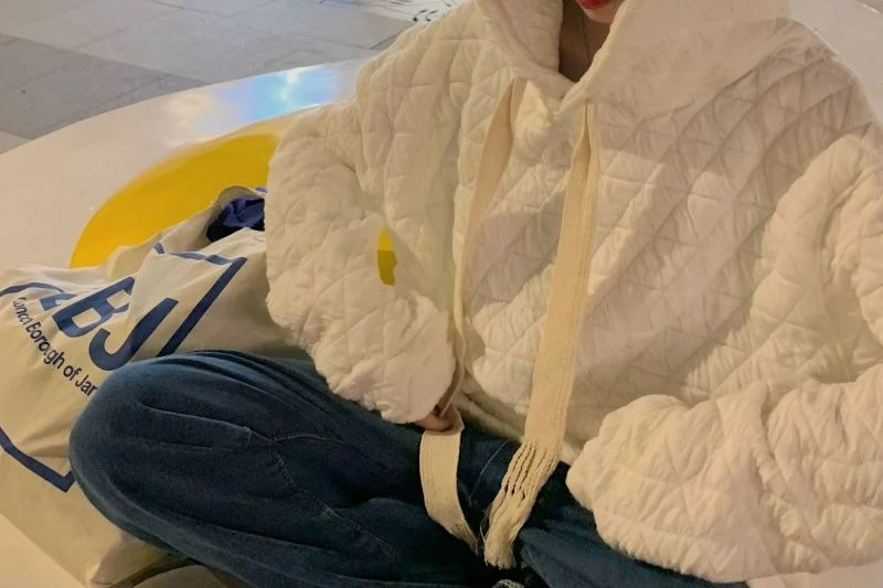 Diamantpatroon retro sweatshirt met capuchon voor dames Winterontwerp Dikke veelzijdige losse luie stijl jas