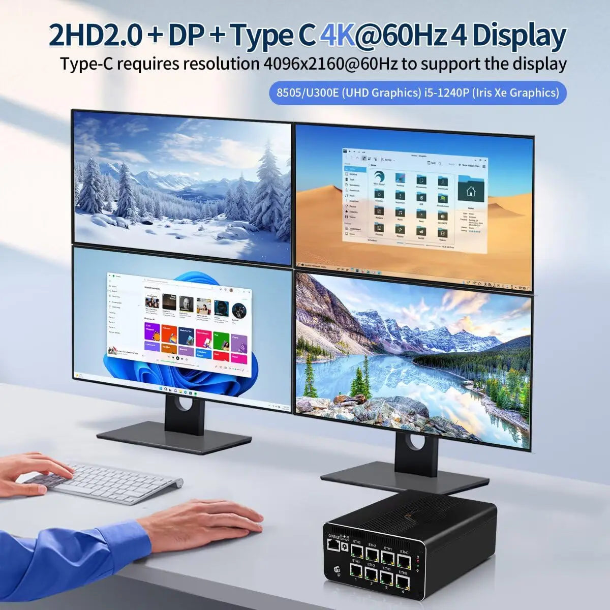 MNBOXCONET Mini PC Computer U300E (up to 4.3GHz), 8 Port I226V LAN, Firewall Appliance Hardware Micro Desktop,TypeC 4K Win 11Pro