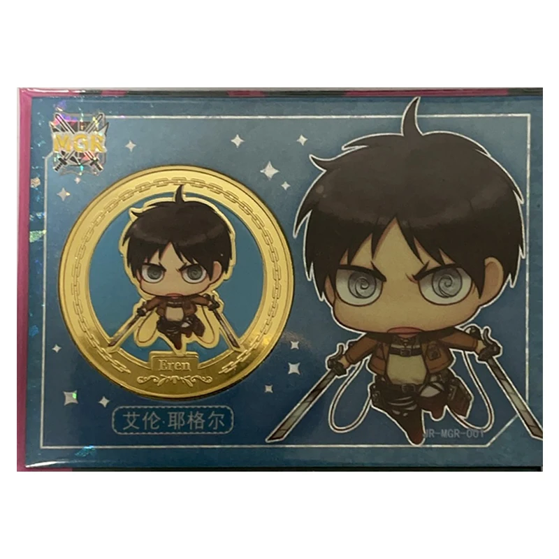 Anime Attack on Titan Rare MGR moneda de oro lámina de refracción Mikasa Eren Hange Armin juguetes para niños tarjeta coleccionable regalo de cumpleaños