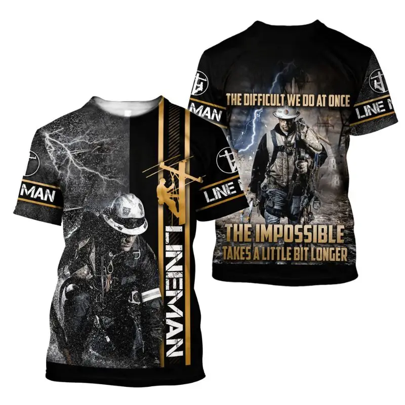 

Summer men's T-shirt, electrician workwear, round neck, plus size, short sleeved, retro, hip-hop, Harajuku, creative top