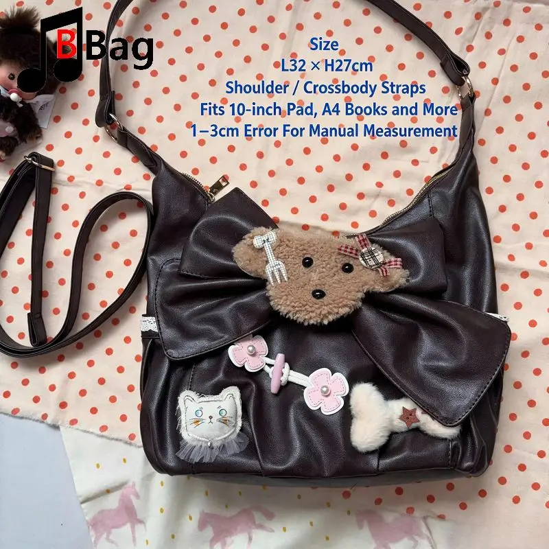 Original Retro Teddy Bear Big Bow Cat Casual Versatile Lace Commuter Shoulder Crossbody Bag Harajuku Alt Lolita Fashion