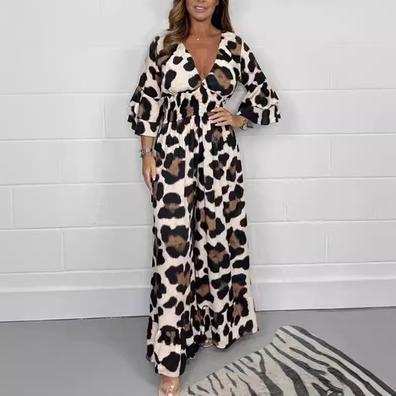 

Fashion Printed Leopard Print Long-sleeved Jumpsuit Women In Spring Sexy V-neck Flared Sleeves Long-sleeved Jumpsuit For Women