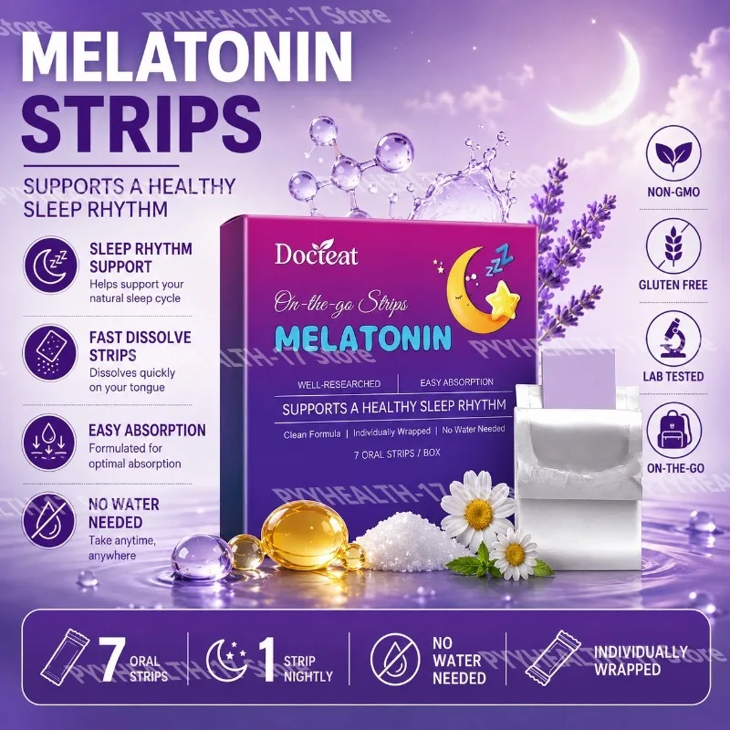 Docteat Melatonin Oral Strips with Vitamin B6, Fast Dissolve Sleep Rhythm Support No Water Needed Individually Wrapped 7 Strips