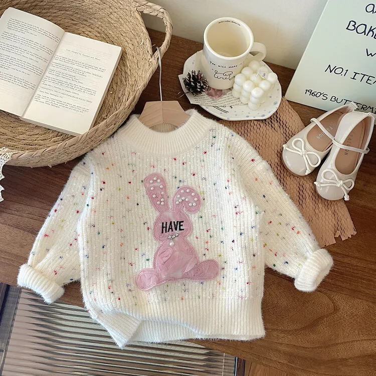 Thiened One-Piece Knitted Sweater for Little Girls Autumn Winter Water Rabbit Velvet Long Sve round Ne Base irt