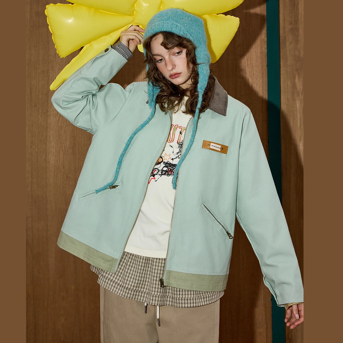 

Coolhut Ретро женская куртка Осеннее пальто с воротником-стойкой и контрастной вставкой Унисекс Дизайнерский кардиган оверсайз Y2K Гранж Шикарная верхняя одежда