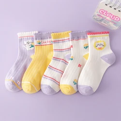 5 pairs of girls socks, cute lace mid-calf socks, mesh thin breathable cotton socks