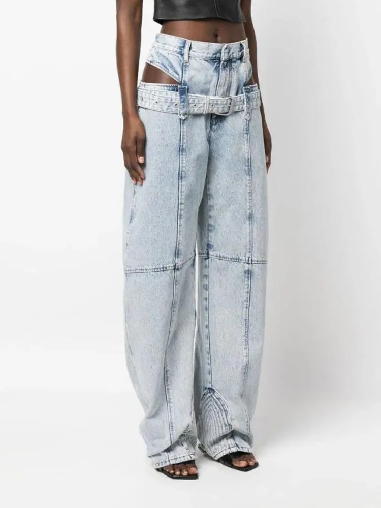 KBQ-Jeans taille haute à jambes larges pour femmes, ceinture épissée, pantalons en denim évidés, tunique monochrome, streetwear droit, vêtements