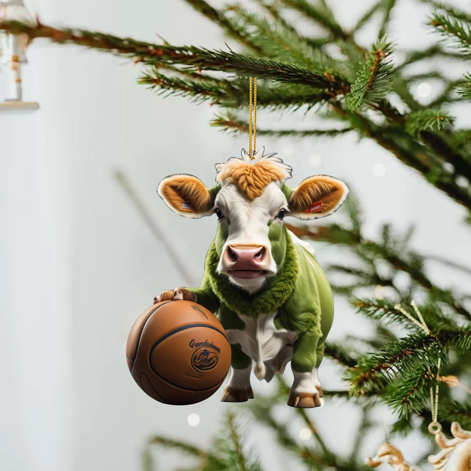 Sport Green Cow And Basketball Christmas Tree Hanging Pendants Acrylic Cute Cow Printed Christmas Ornaments 2023 Navidad Gift